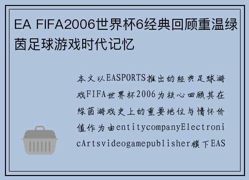 EA FIFA2006世界杯6经典回顾重温绿茵足球游戏时代记忆